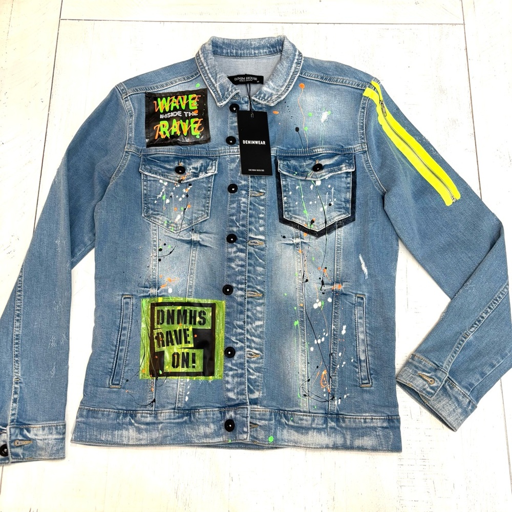 Denim House Graphic Jacket with Neon Accents